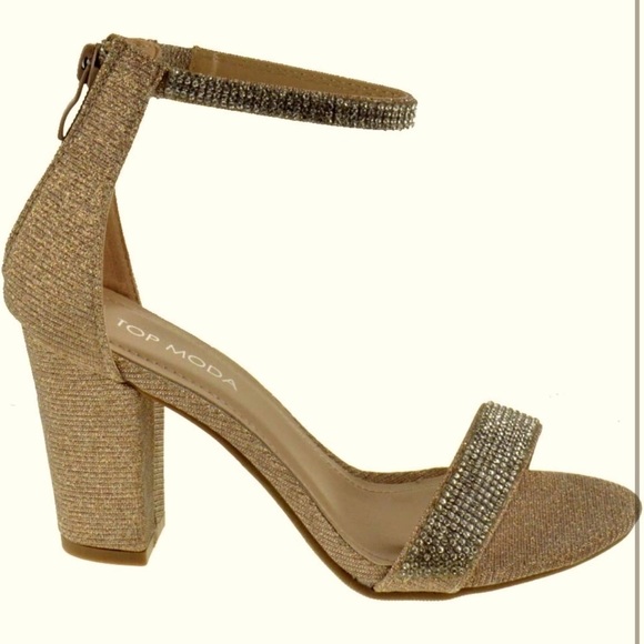 Womens Chunky Heel Single Band Platform Rhinestone Dress Sandals Rose Gold 8 - Picture 3 of 8